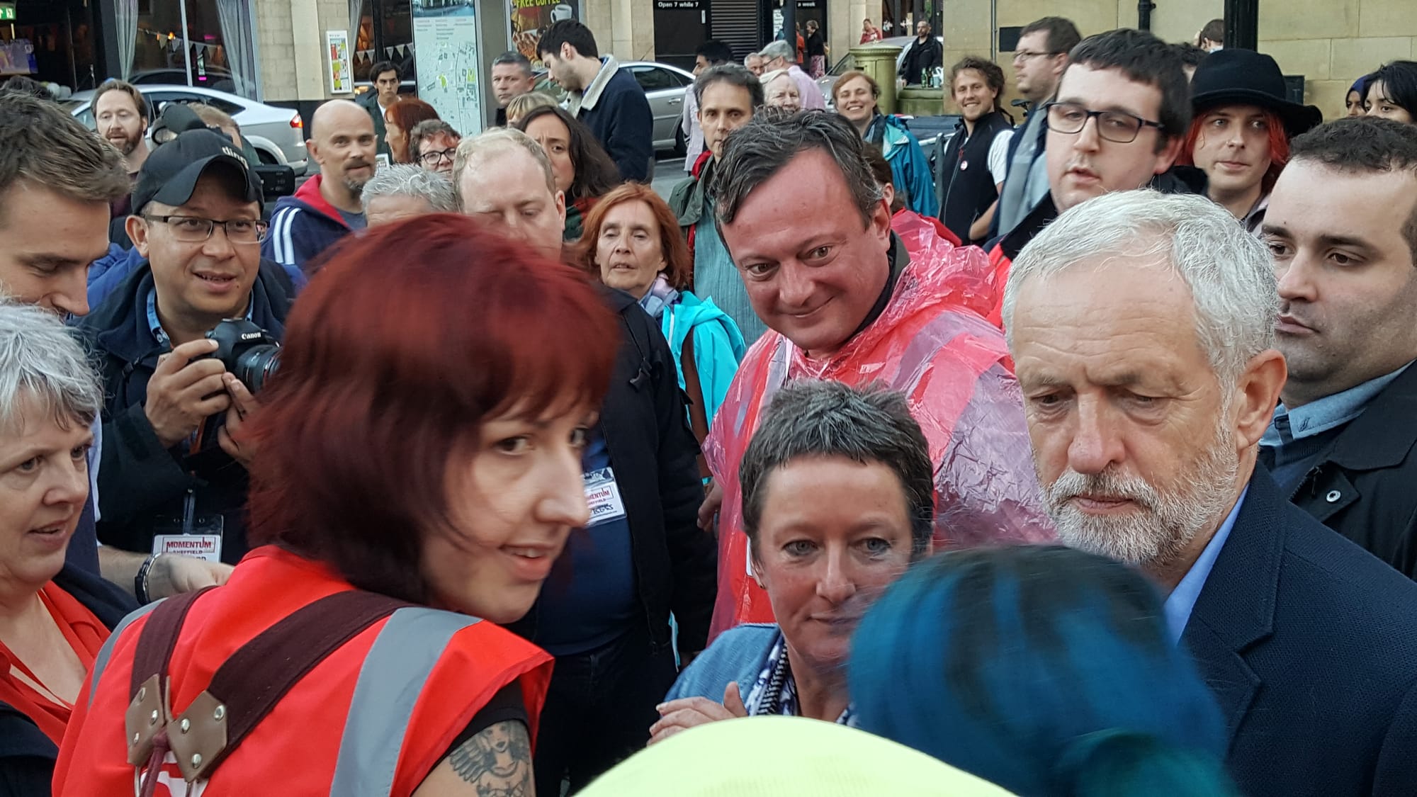 Jeremy Corbyn mobbed by supporters at a rally in Sheffield.