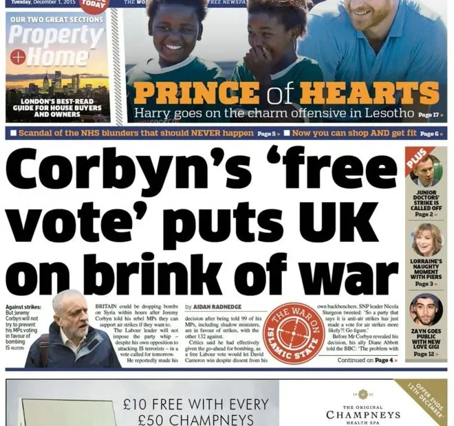 Metro newspaper headline: "Corbyn's 'free vote' puts UK on brink of war."
