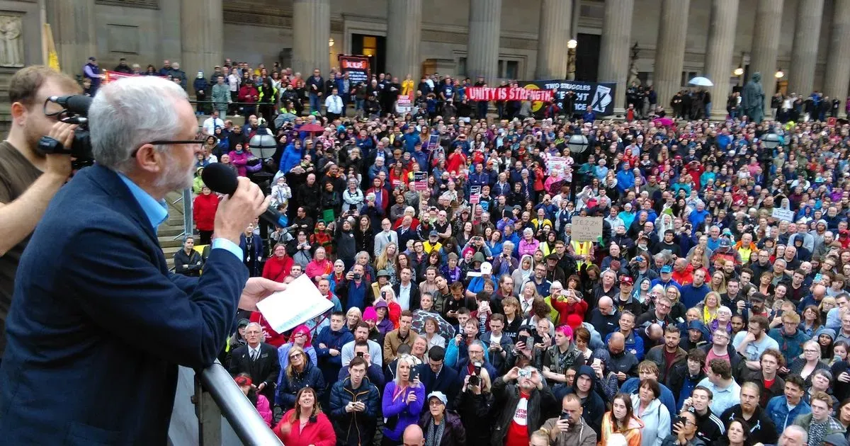 Jeremy Corbyn speaking to a massive rally.